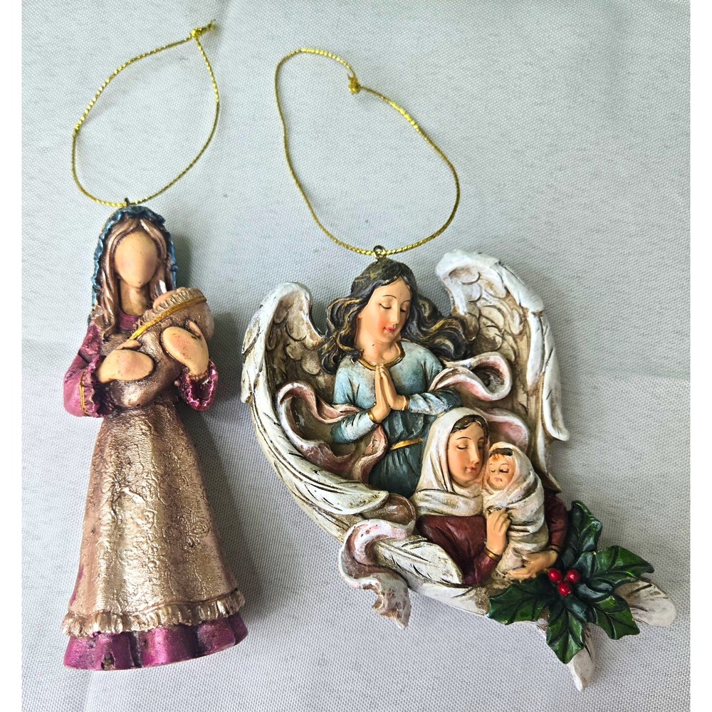 Lot of 2 Christmas Ornaments Resin Holy Family Guardian Angel & Faceless Figure